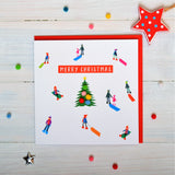 Christmas Card, Sledgers around a tree , Merry Christmas, Pompom Embellished