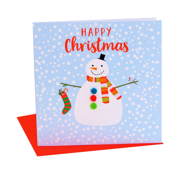 Christmas Card, Snowman , Happy Christmas, Embellished with colourful pompoms