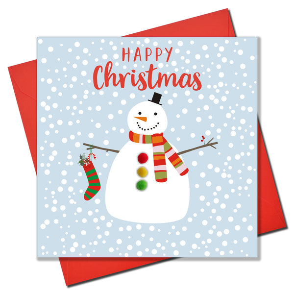 Christmas Card, Snowman , Happy Christmas, Embellished with colourful pompoms