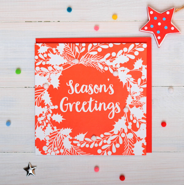 Christmas Card, White foliage on red , Season's Greetings, Pompom Embellished