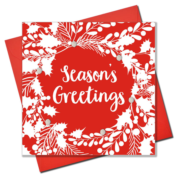 Christmas Card, White foliage on red , Season's Greetings, Pompom Embellished