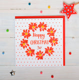 Christmas Card, Poinsettias and dots , Happy Christmas, Pompom Embellished