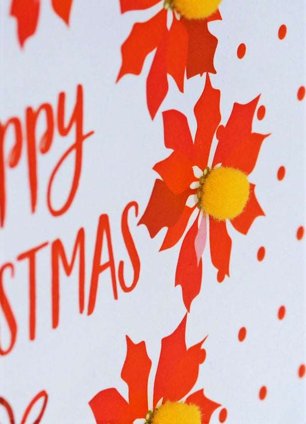 Christmas Card, Poinsettias and dots , Happy Christmas, Pompom Embellished