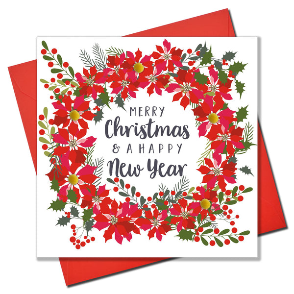 Christmas Card, Poinsettia wreath, Pompom Embellished