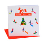 Christmas Card, Sledgers around a tree, Son, Pompom Embellished