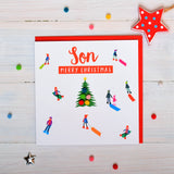 Christmas Card, Sledgers around a tree, Son, Pompom Embellished