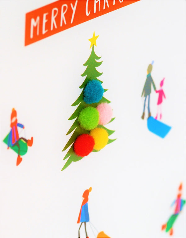 Christmas Card, Sledgers around a tree, Son, Pompom Embellished