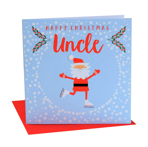 Christmas Card, Skating Santa , Happy Christmas, uncle, Pompom Embellished