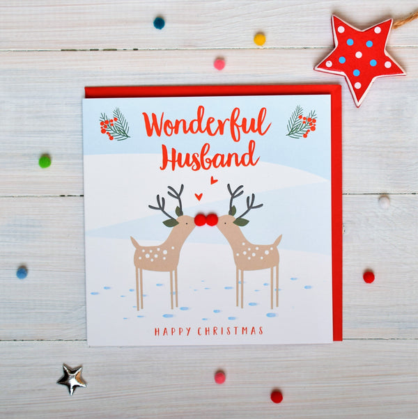 Christmas Card, Kissing reindeers, Wonderful husband, Pompom Embellished