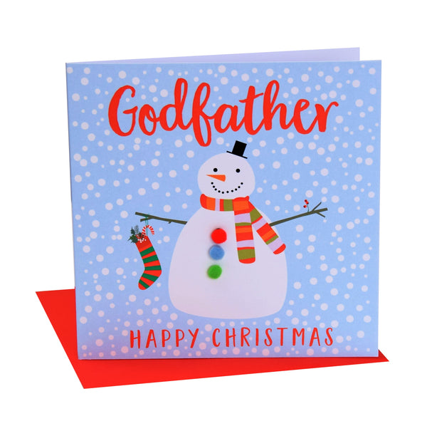 Christmas Card, Snowman , Godfather, happy Christmas, Pompom Embellished