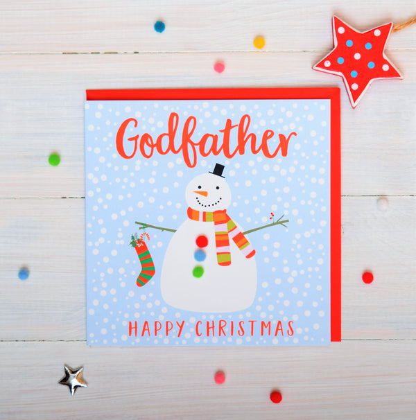 Christmas Card, Snowman , Godfather, happy Christmas, Pompom Embellished