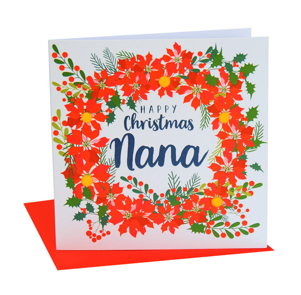 Christmas Card, Poinsettia wreath , Happy Christmas, nana, Pompom Embellished