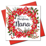 Christmas Card, Poinsettia wreath , Happy Christmas, nana, Pompom Embellished