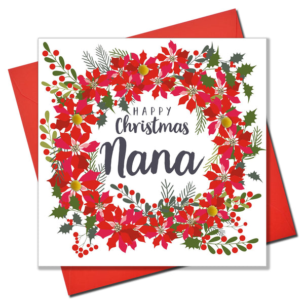 Christmas Card, Poinsettia wreath , Happy Christmas, nana, Pompom Embellished