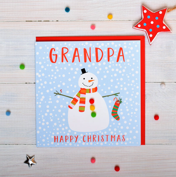 Christmas Card, Snowman , Grandpa, happy Christmas, Pompom Embellished