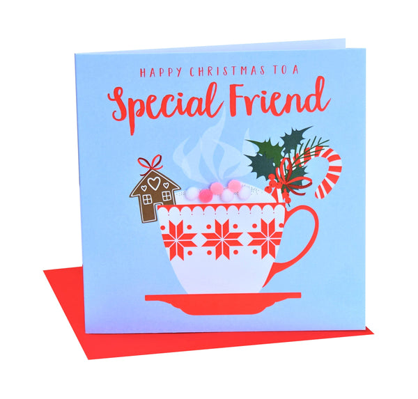 Christmas Card, Christmas cappuccino, Special Friend, Pompom Embellished