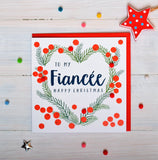 Christmas Card, Berries and pine needles, To my Fiancee, Pompom Embellished