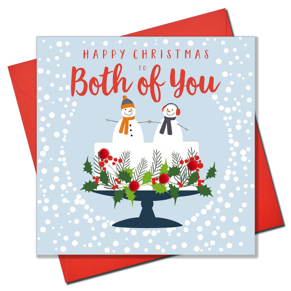 Christmas Card, Snowmen on a Christmas cake, To both of you, Pompom Embellished