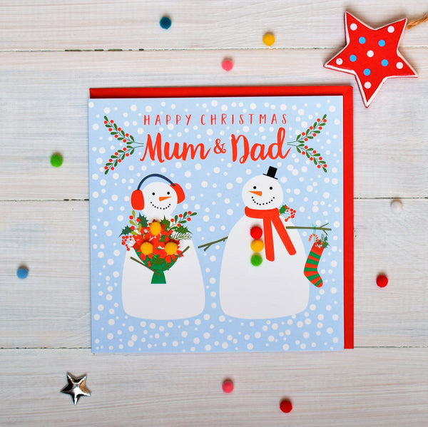 Christmas Card, Two snowmen , Happy Christmas mum and dad, Pompom Embellished