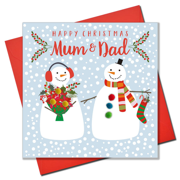 Christmas Card, Two snowmen , Happy Christmas mum and dad, Pompom Embellished