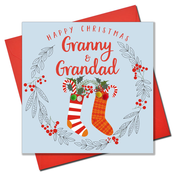 Christmas Card, laurel wreath, Granny & Grandad, Pompom Embellished