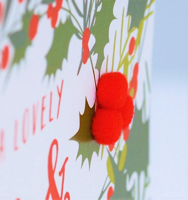 Christmas Card, Holly wreath, Son and daughter-in-law, Pompom Embellished