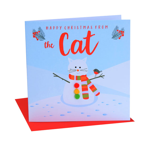 Christmas Card, Snowcat , Happy Christmas from the Cat, Pompom Embellished