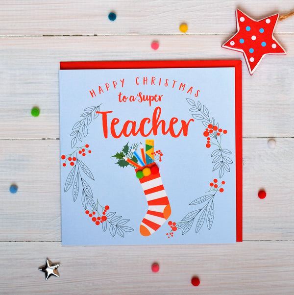 Christmas Card, laurel wreath, Super Teacher, Pompom Embellished