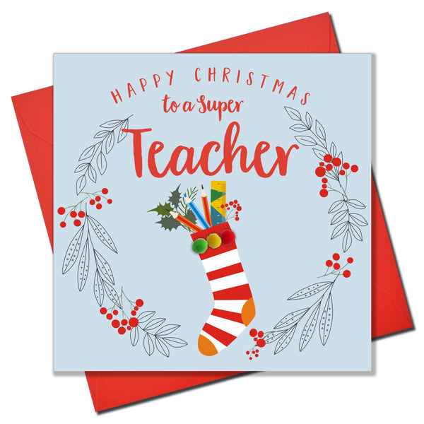 Christmas Card, laurel wreath, Super Teacher, Pompom Embellished