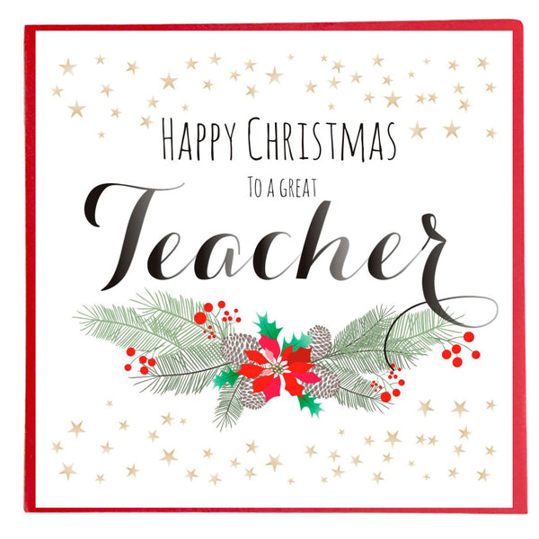 Christmas Card, Gold Stars and Berries, Happy Christmas Teacher