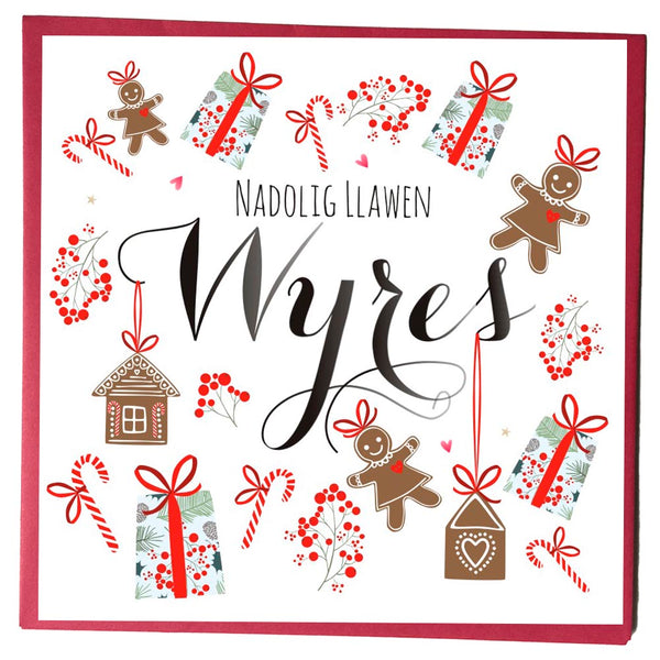 Welsh Christmas Card, Nadolig Llawen, Wyres, Granddaughter, Gingerbread Men