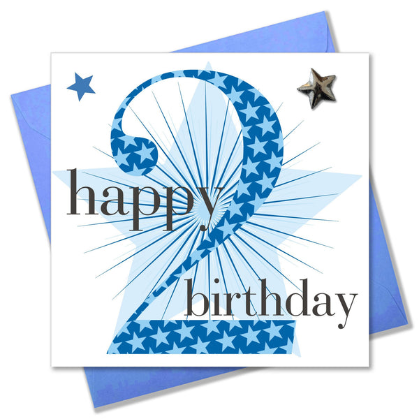 Birthday Card, Boy Blue, Happy 2nd Birthday, Embellished with a padded star
