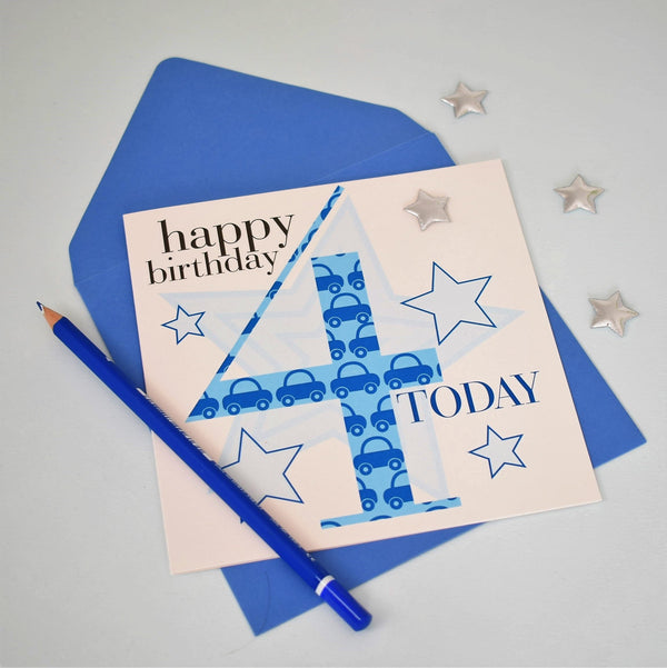 Birthday Card, Age 4 Boy Blue, Embellished with a padded star