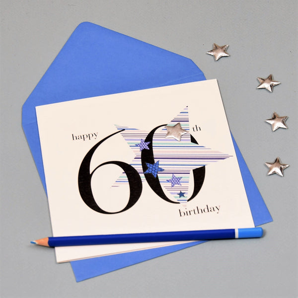Birthday Card, Blue Star, Happy 60th Birthday, Embellished with a padded star