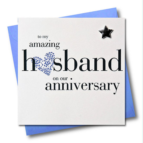 Husband Wedding Anniversary Card, Blue Heart, Embellished with a padded star