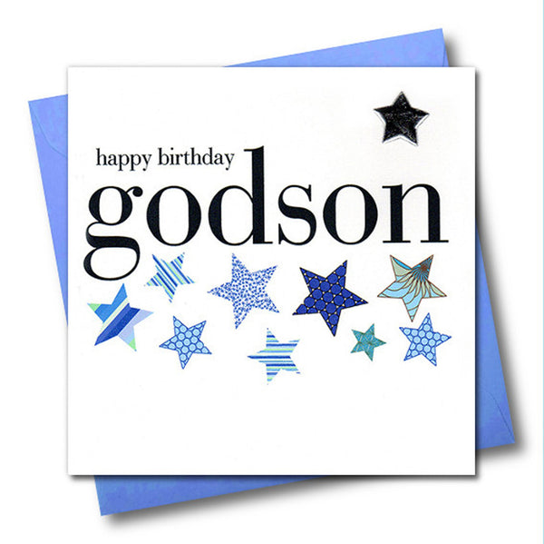 Birthday Card, Godson, Blue Stars, Embellished with a shiny padded star