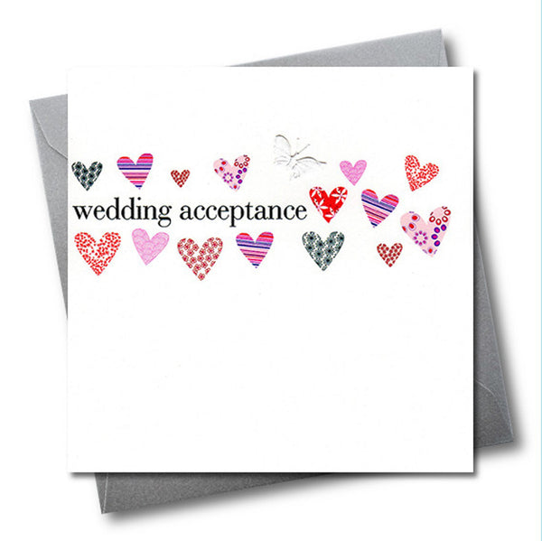 Wedding Card, Hearts, Wedding Acceptance, embellished with a fabric butterfly