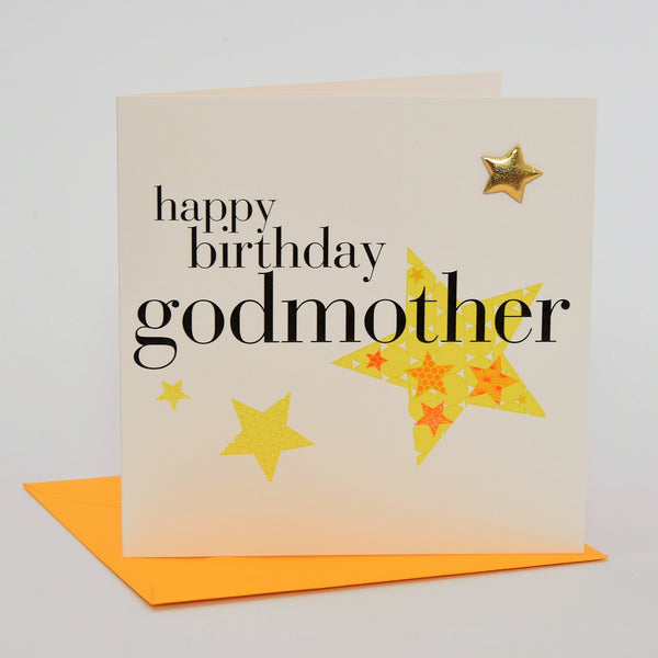 Birthday Card, Godmother, Yellow Stars, Embellished with a padded star