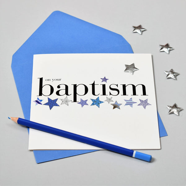 Baby Card, Blue Stars, On Your Baptism, Embellished with a shiny padded star