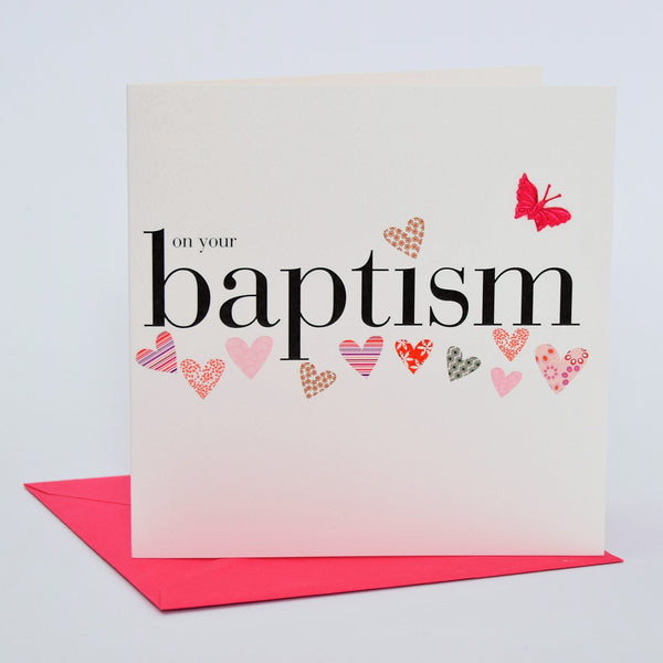 Baby Card, Pink Hearts, On Your Baptism, embellished with a fabric butterfly