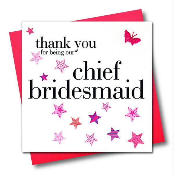 Wedding Card, Pink Stars, Chief Bridesmaid, embellished with a fabric butterfly