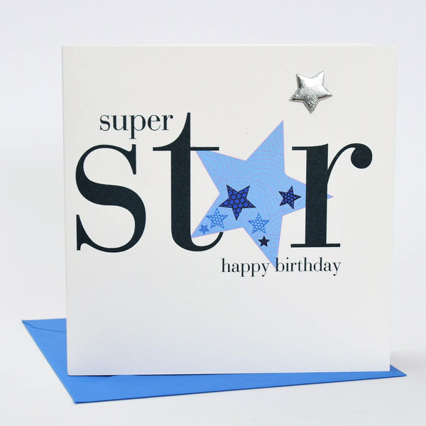 Birthday Card, Blue Stars, Super Star, Embellished with a padded star