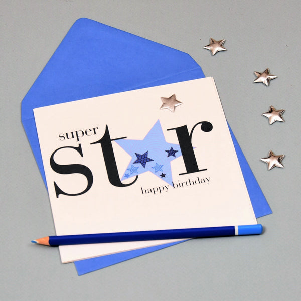 Birthday Card, Blue Stars, Super Star, Embellished with a padded star
