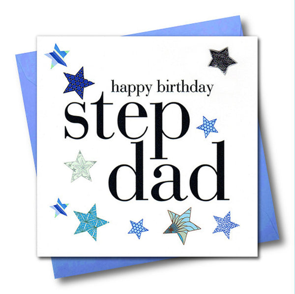 Birthday Card, Blue Stars, Stepdad, Embellished with a padded star