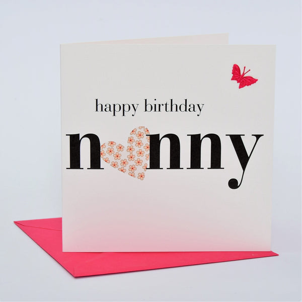 Birthday Card, Heart, Happy Birthday Nanny, embellished with a fabric butterfly