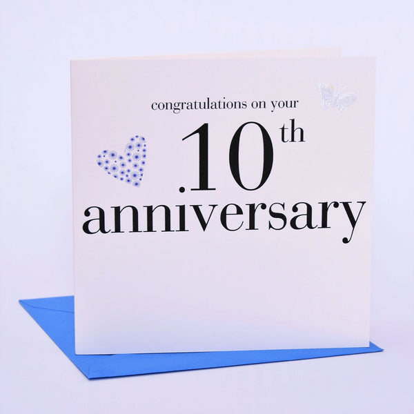 10th Wedding Anniversary Card, Congratulations, fabric butterfly Embellished