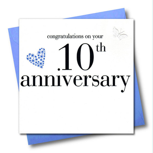10th Wedding Anniversary Card, Congratulations, fabric butterfly Embellished
