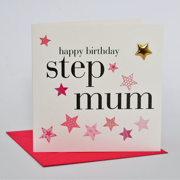 Birthday Card, Step Mum, Pink Stars, Embellished with a padded star