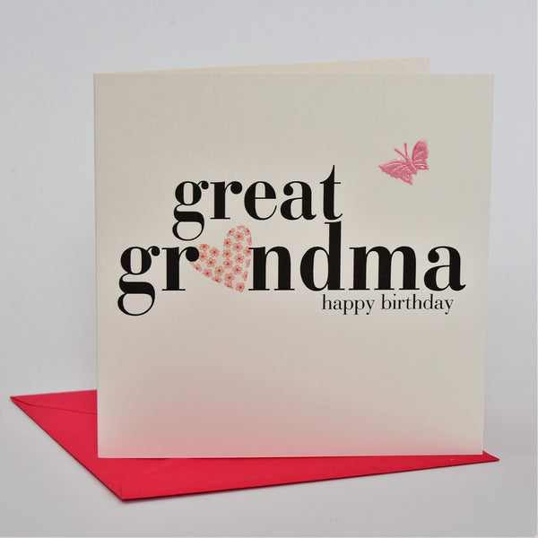 Birthday Card, Heart, Great Grandma happy birthday, fabric butterfly Embellished