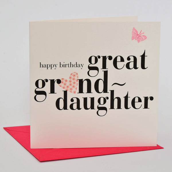 Birthday Card, Heart, great granddaughter, fabric butterfly Embellished